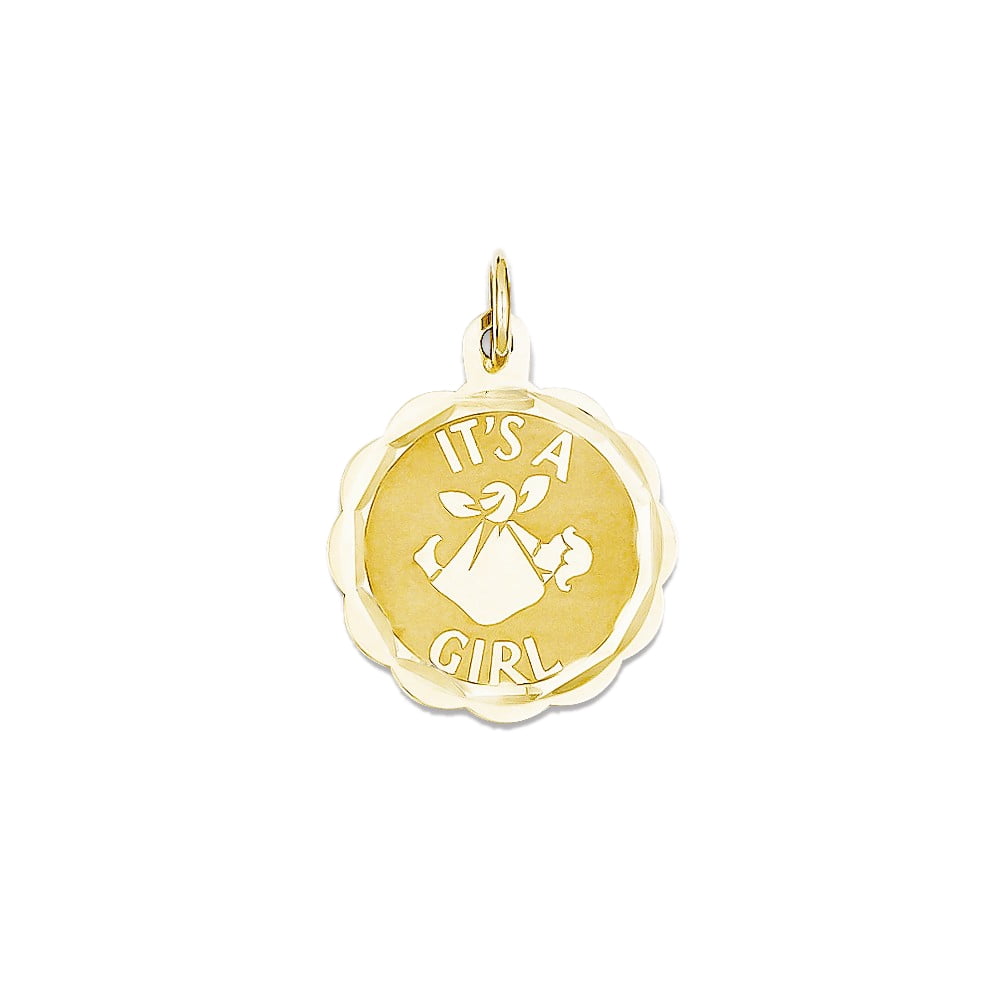 14K Yellow Gold It's a Girl Scallop Disc Charm Pendant 22mm by