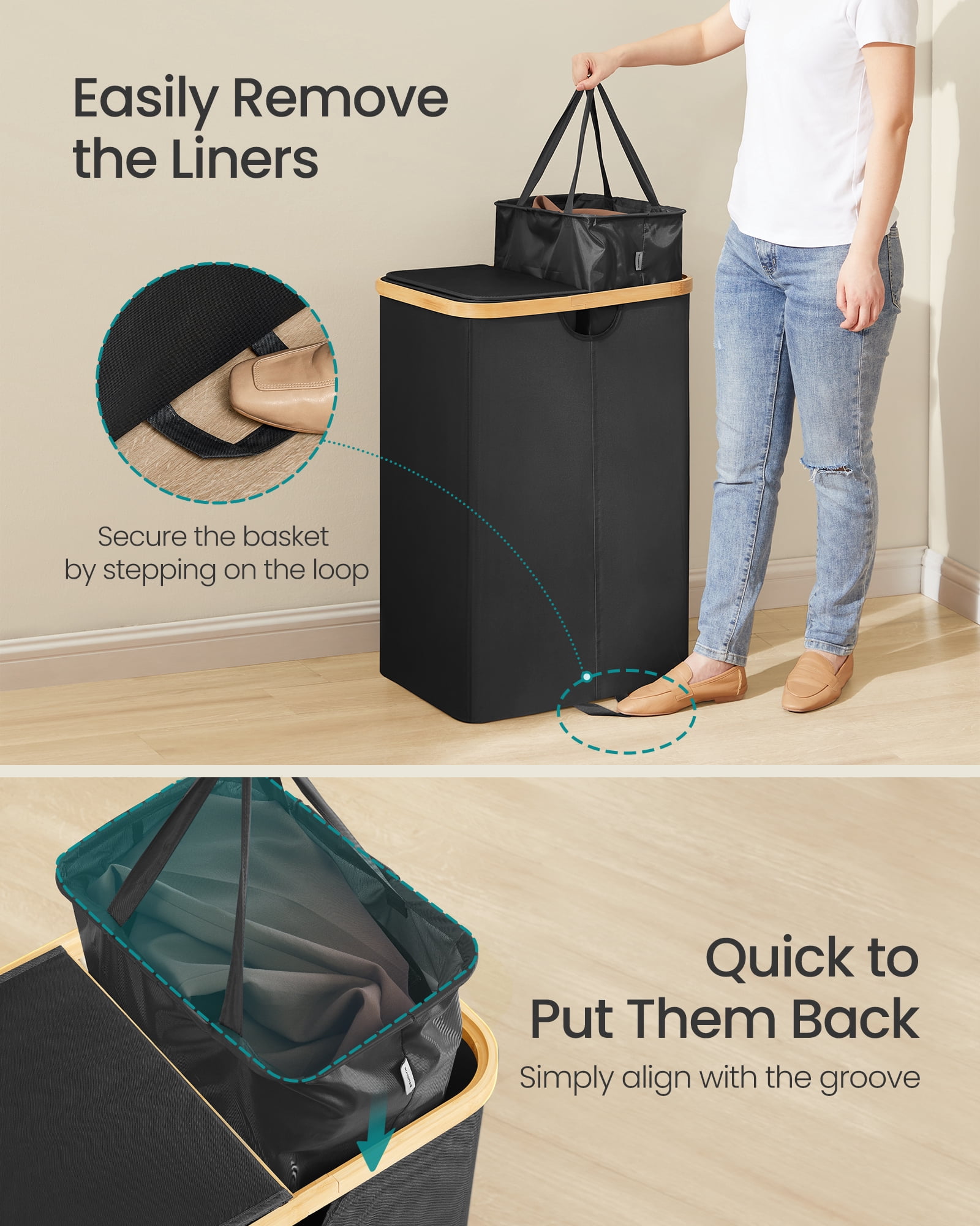 SONGMICS Laundry Hamper with Lids, Laundry Basket with 2 Compartments, 39 Gal. (150 L), Removable Liner Bag, Ink Black and Light Bamboo