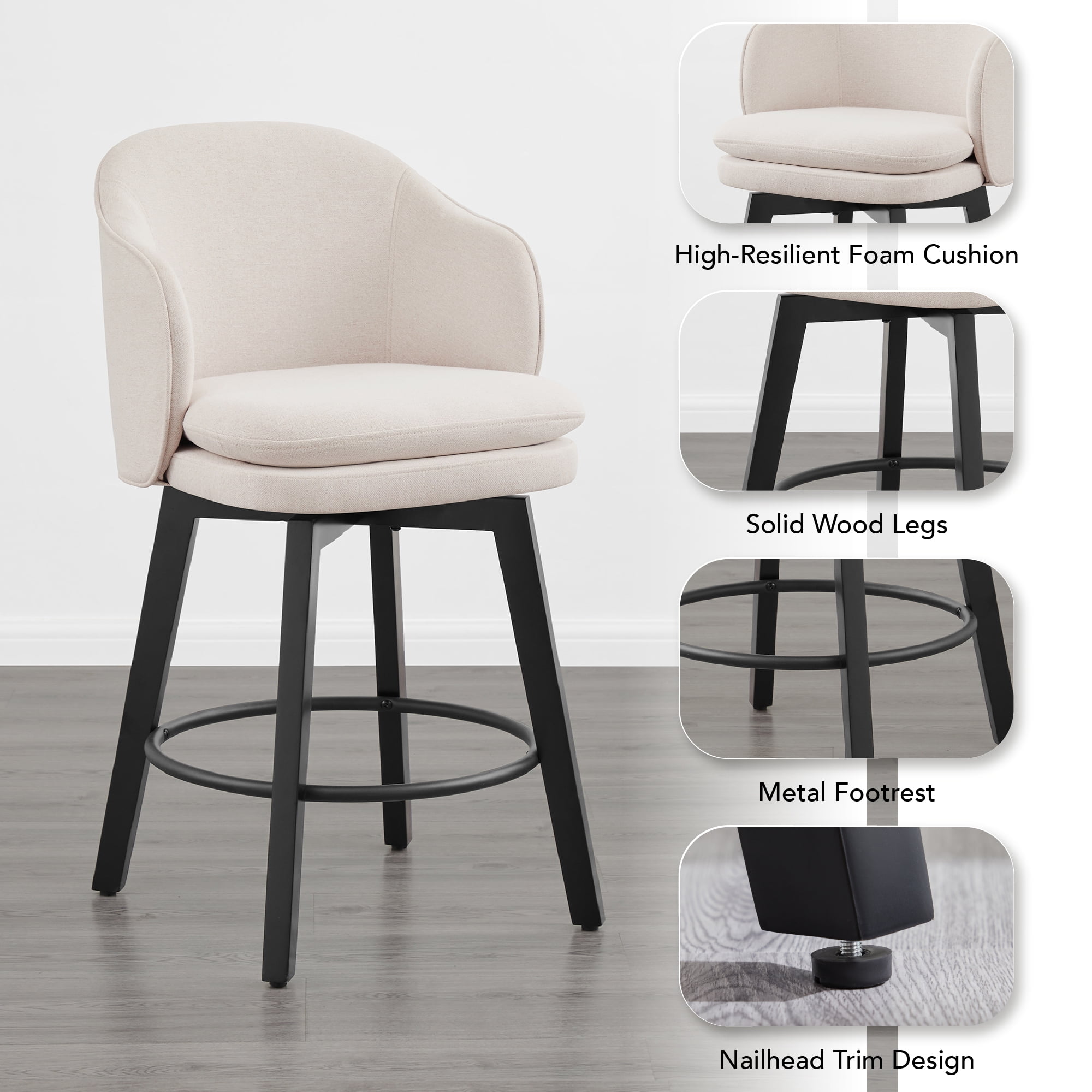 Spruce & Spring Counter Height Swivel Bar Stool with Curved Back and Arms Single, Beige, Fabric