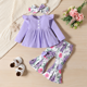 thumbnail image 1 of PatPat Conjunto de top de manga larga con botones delanteros, encaje y ribete de 95% algodón y pantalones aflare con decoración de moño y estampado floral para niñas bebé (2 piezas), 1 of 2