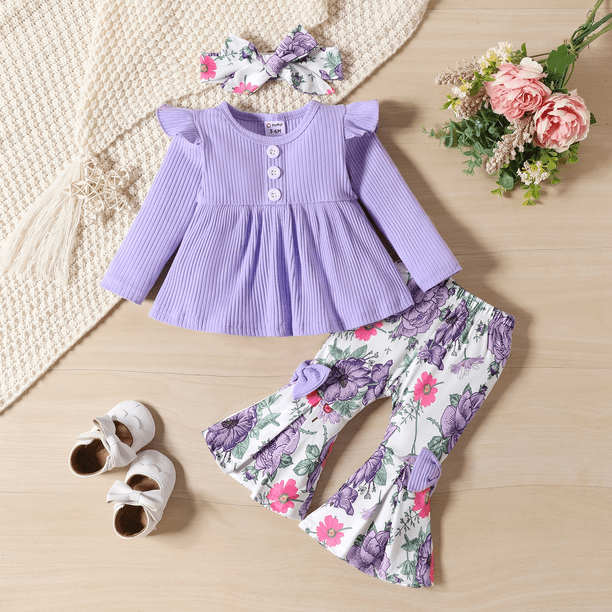 PatPat Conjunto de top de manga larga con botones delanteros, encaje y ribete de 95% algodón y pantalones aflare con decoración de moño y estampado floral para niñas bebé (2 piezas)