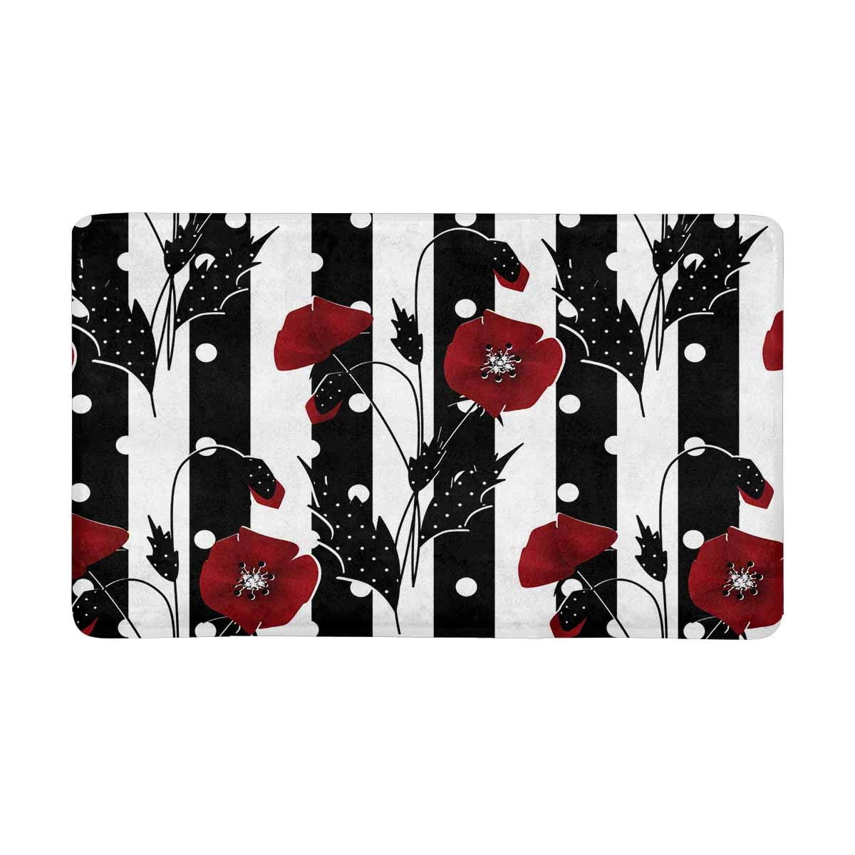 MKHERT Red Poppies on Black White Stripes Doormat Rug Home Decor Floor