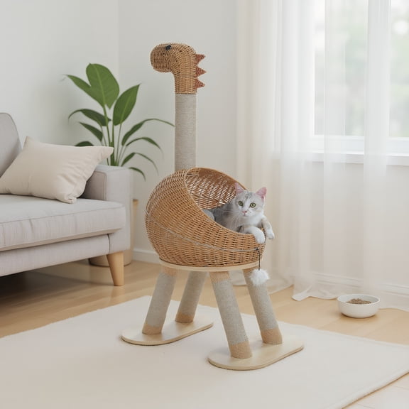 Pefilos Modern 46" Dinosaur Cat Tree Tower with Scratching Post, Rattan Cats House in 18" Diameter, Wicker Cats Bed with Removable Mat, Beige