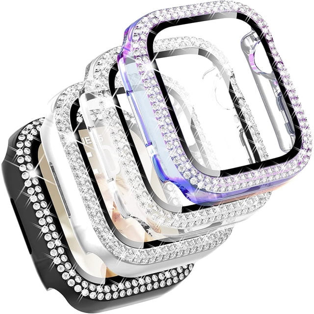 4-Pack Compatible with Apple Watch Series 8 & Series 7 Screen Protector 41mm, Bling Case Crystal Protective Bumper with Screen Protector for Apple Watch Case, Rainbow/Clear/Black/Silver, 41mm