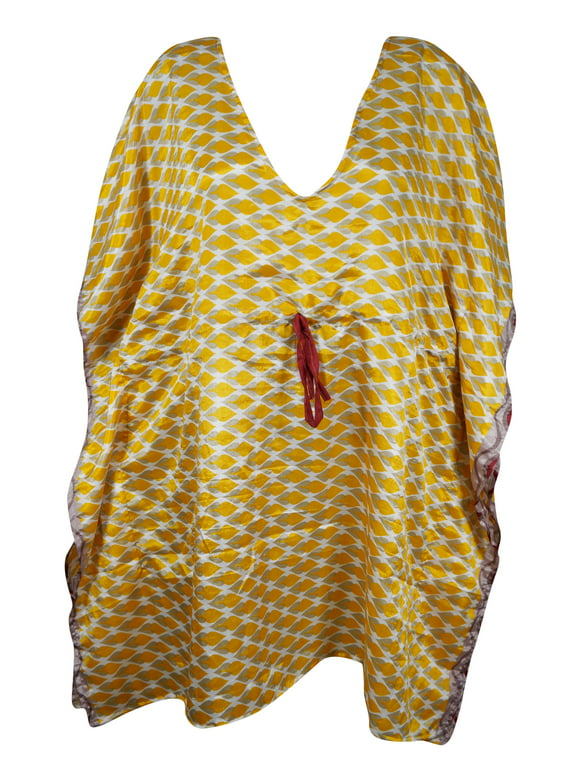 Mogul Women Midi kaftan Dress Yellow Off White Print Caftan M-XL