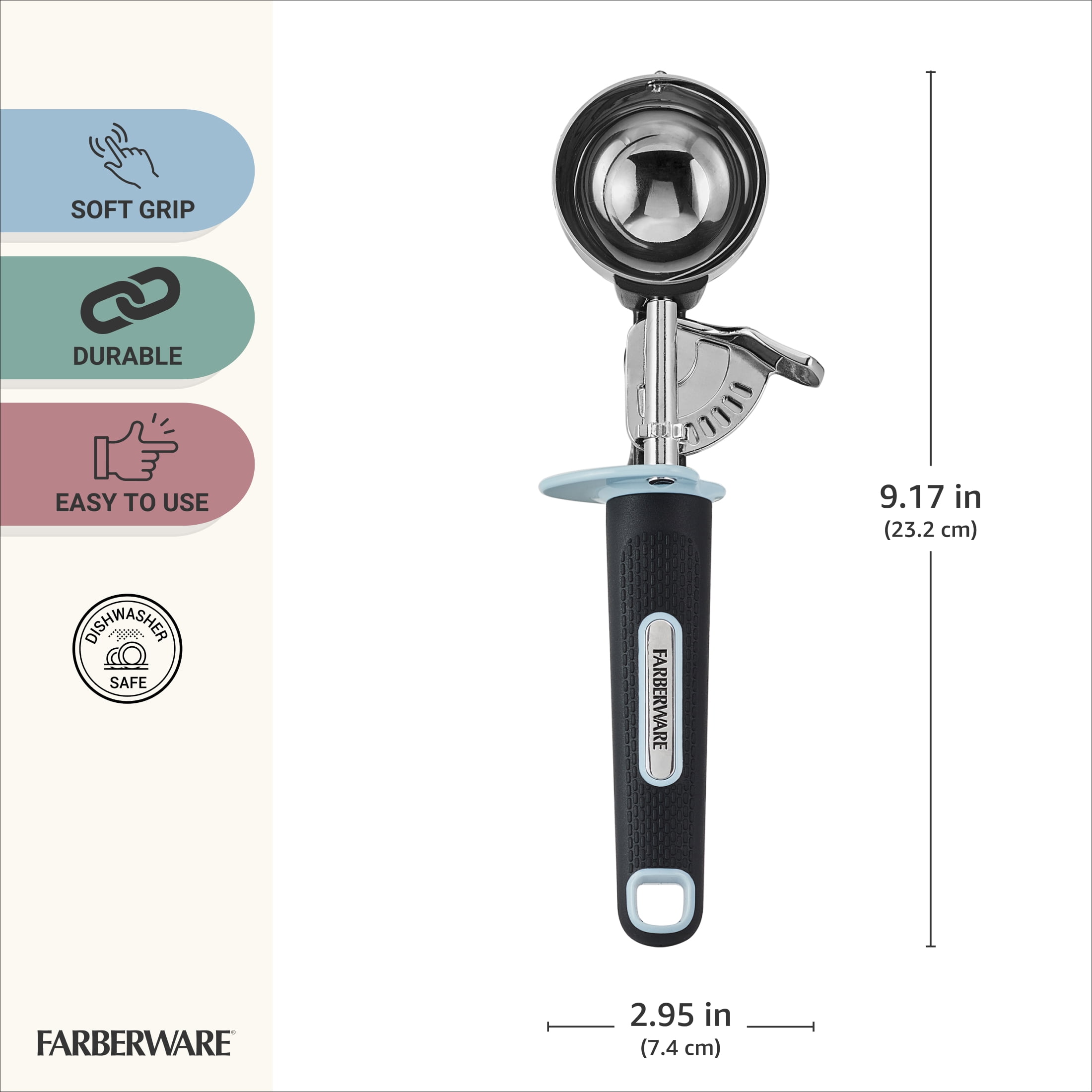 Farberware Soft Grips Trigger Ice Cream Scoop Black Handle with Slate Blue Accents