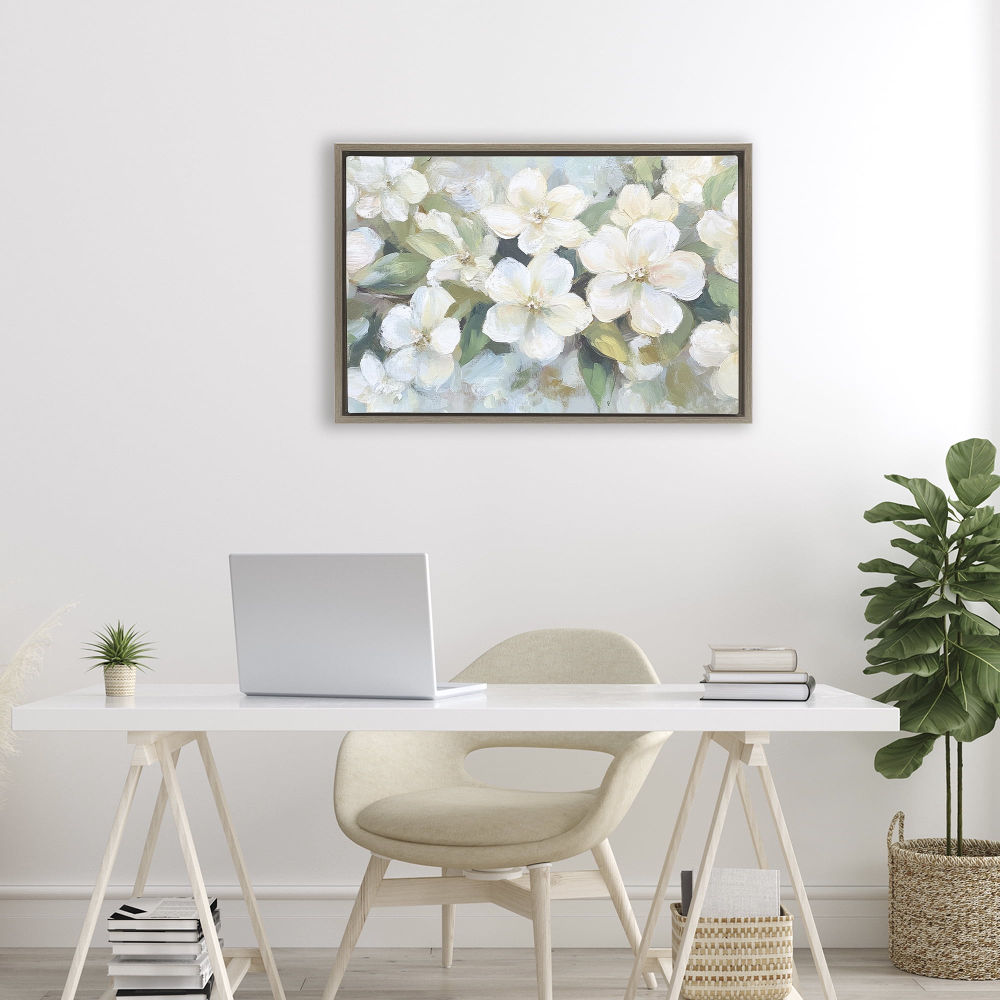 Stupell Industries Painted White Flowers in Leaves Brown Framed Floater Canvas Wall Art, design by Petal Prints Design