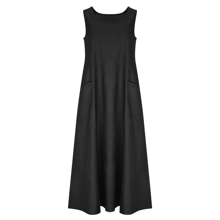 Luvior Women Denim Vest Dress Loose Fit Sleeveless Round Neck Long Gown Summer Daily Wear Solid Color Lightweight Breathable Casual Classic Jean Style