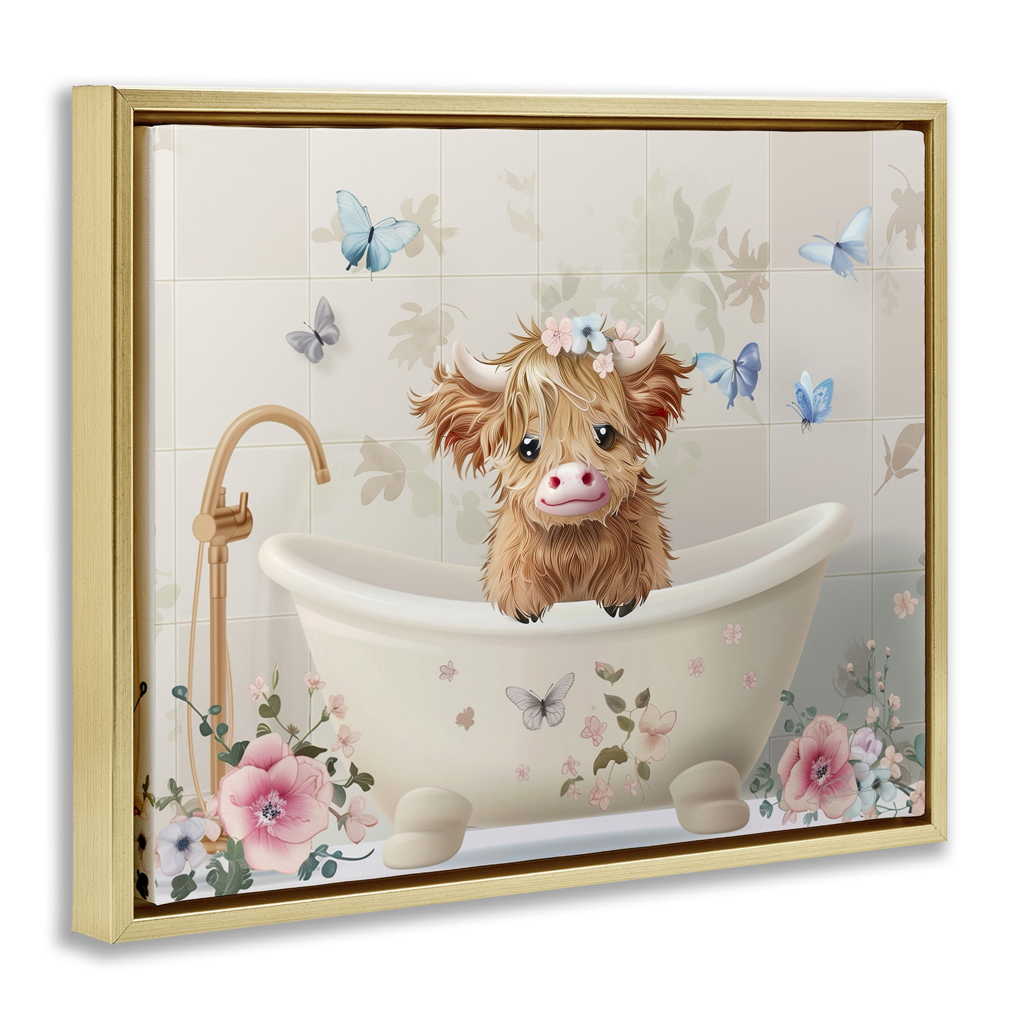 Baby Cattle in Floral Tub Gold Framed Floater Canvas Wall Art, design by Shawna Stewart