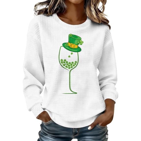 Craaazy Women's St. Patrick's Day Printed Waffle Green Graphic Casual Crewneck Long Sleeve Shirts Gifts