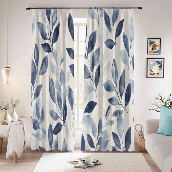 Navy Blue Botanical Blackout Curtains for Bedroom/Living Room, Pinch Pleated Black Out Curtains, Pastoral Spring Leaves Watercolor Room Darkening Window Drapes with Hooks 2 Panels, 59"x70"