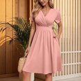 thumbnail image 3 of WTOBBY Women's Dress Elegant Casual Solid-Color V-Neck Short-Sleeved Style for Versatile Occasions with Simple and Chic Design,Pink M, 3 of 4