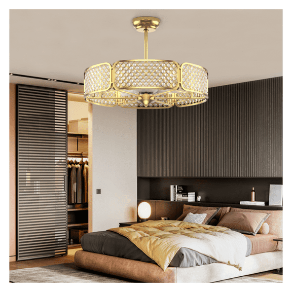 30 Inch Caged Ceiling Fan with Light, Crystal Lampshade 6-Light, Remote Control, Reversible Motor, for Living Room, Dining Room, Bedroom - 10/20" Downrod