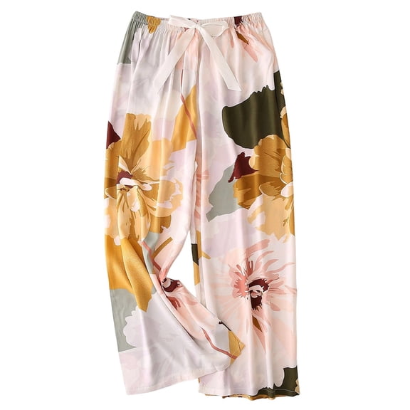 VNKIDY Womens Floral Print High Waist Drawstring Elastic Waist Wide Leg Pants Loose Fit Lightweight Casual Trousers For Summer Daily Wear White One Size