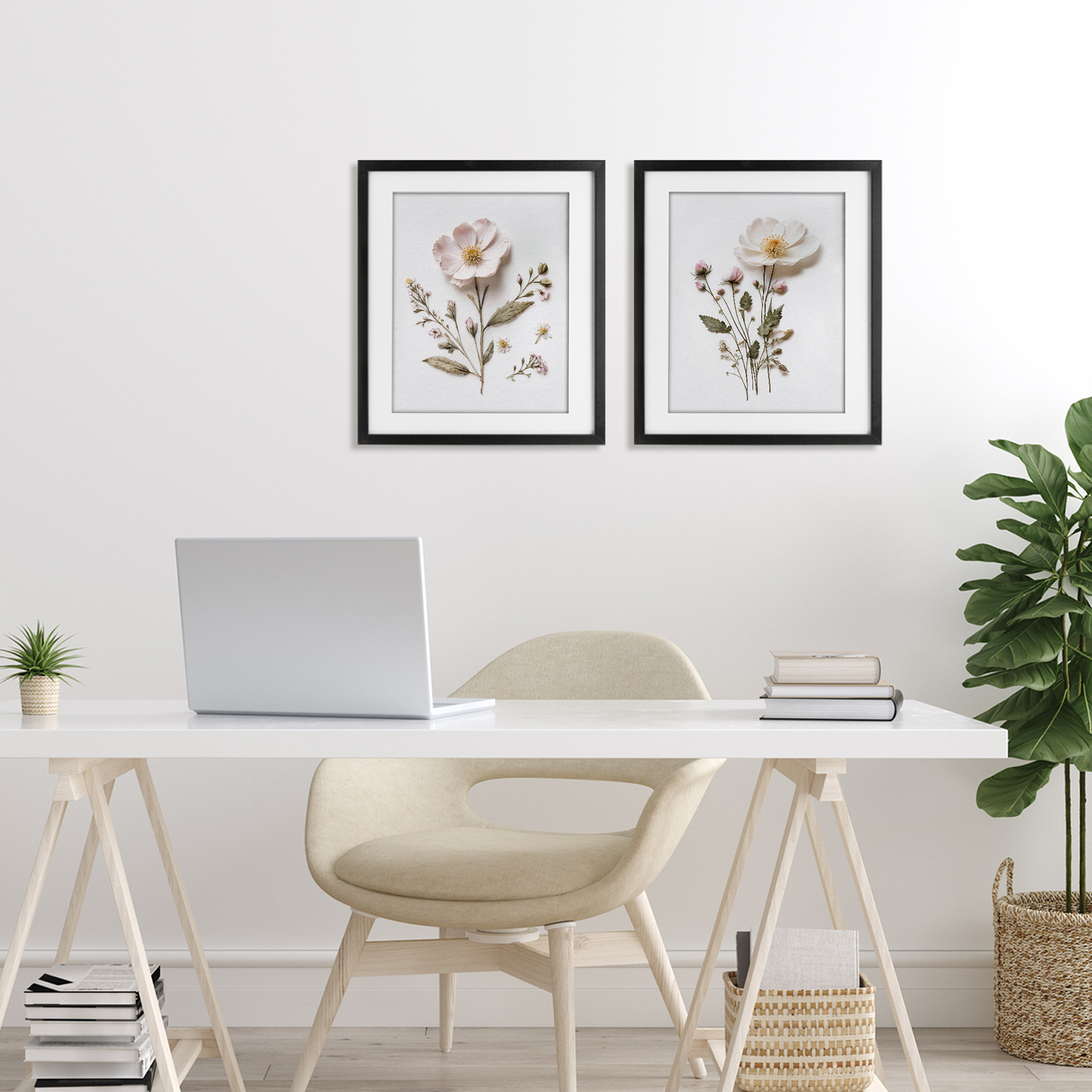 Minimal Pressed Flowers 2 Piece Black Framed Print Under Glass Set, design by Lettered and Lined