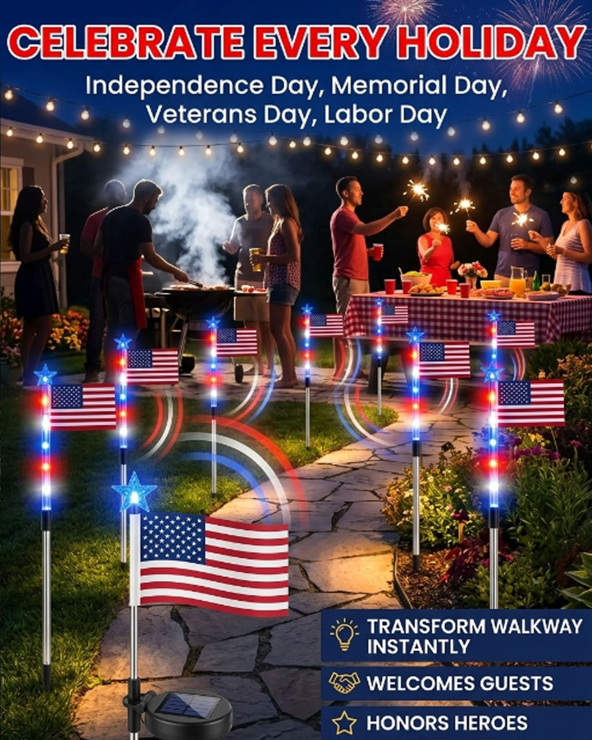 8 Piece Solar US Flag Light Set, American Flags Pole Pathway Lights, Outdoor Garden IP66 Waterproof Patriotic LED Star Stake with 8 Lighting Modes for 250th Anniversary, 4th of July Decoration