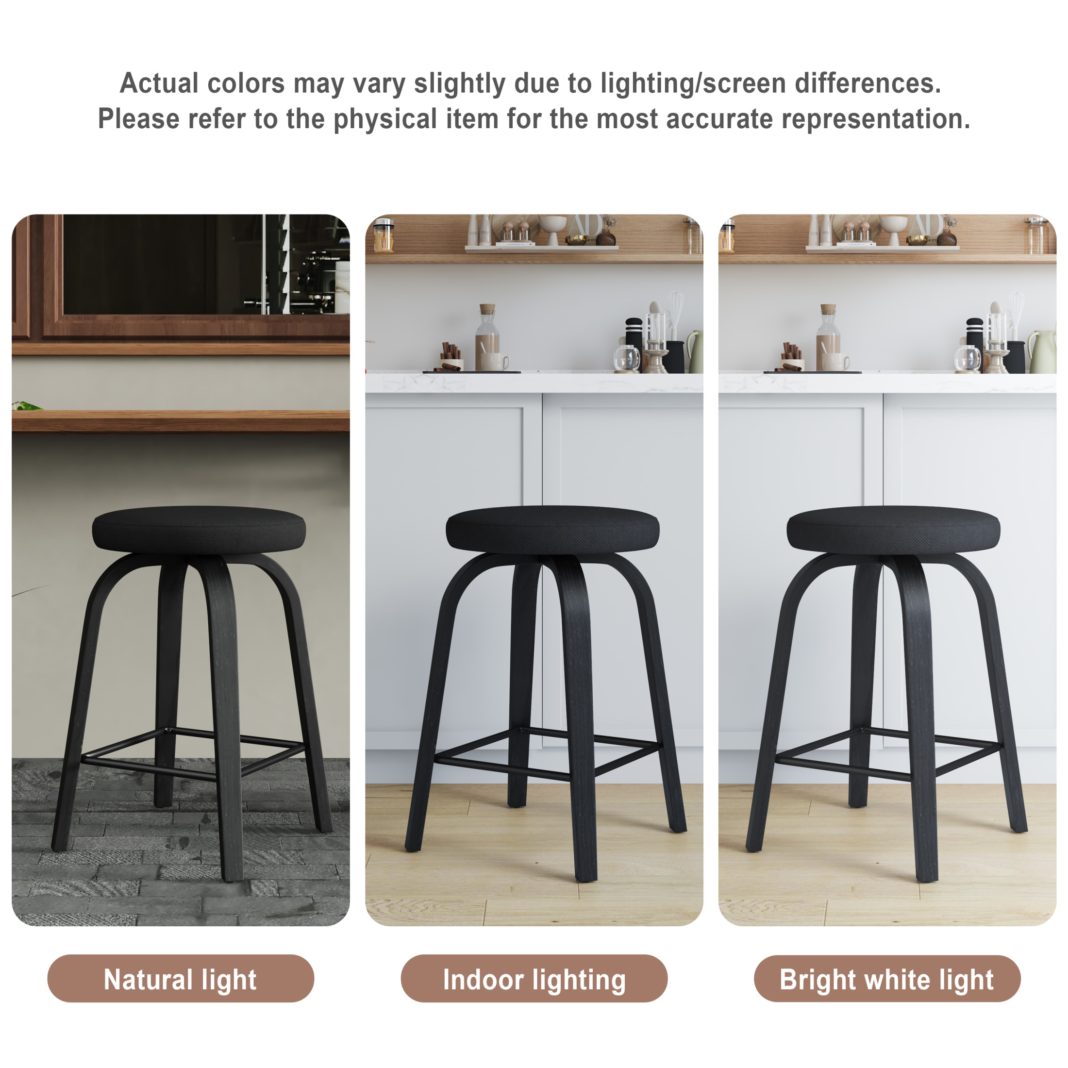 Noble House Florin 26" Swivel Backless Counter Height Bar Stools with Upholstered Seat & Bentwood Legs, Black, Set of 2