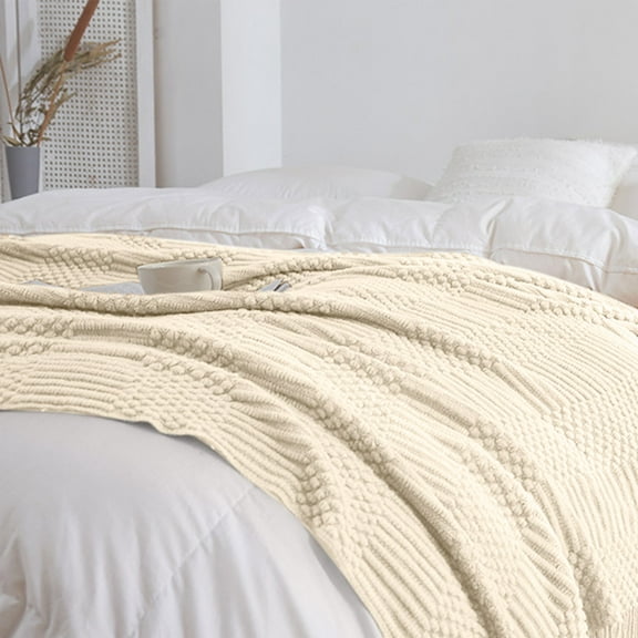 HBBKVI Knitted Throw Blanket with Tassels 50" × 68", Beige Throw Blanket for Couch Sofa, Cozy Soft Throws Home Decor