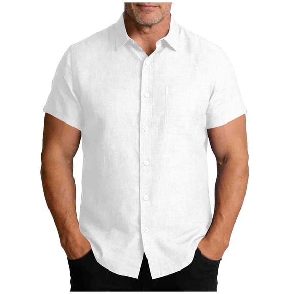 Chiccall Linen Shirts for Men Casual Loose Summer Beach Vacation Short Sleeve Button Down Shirts with Pocket