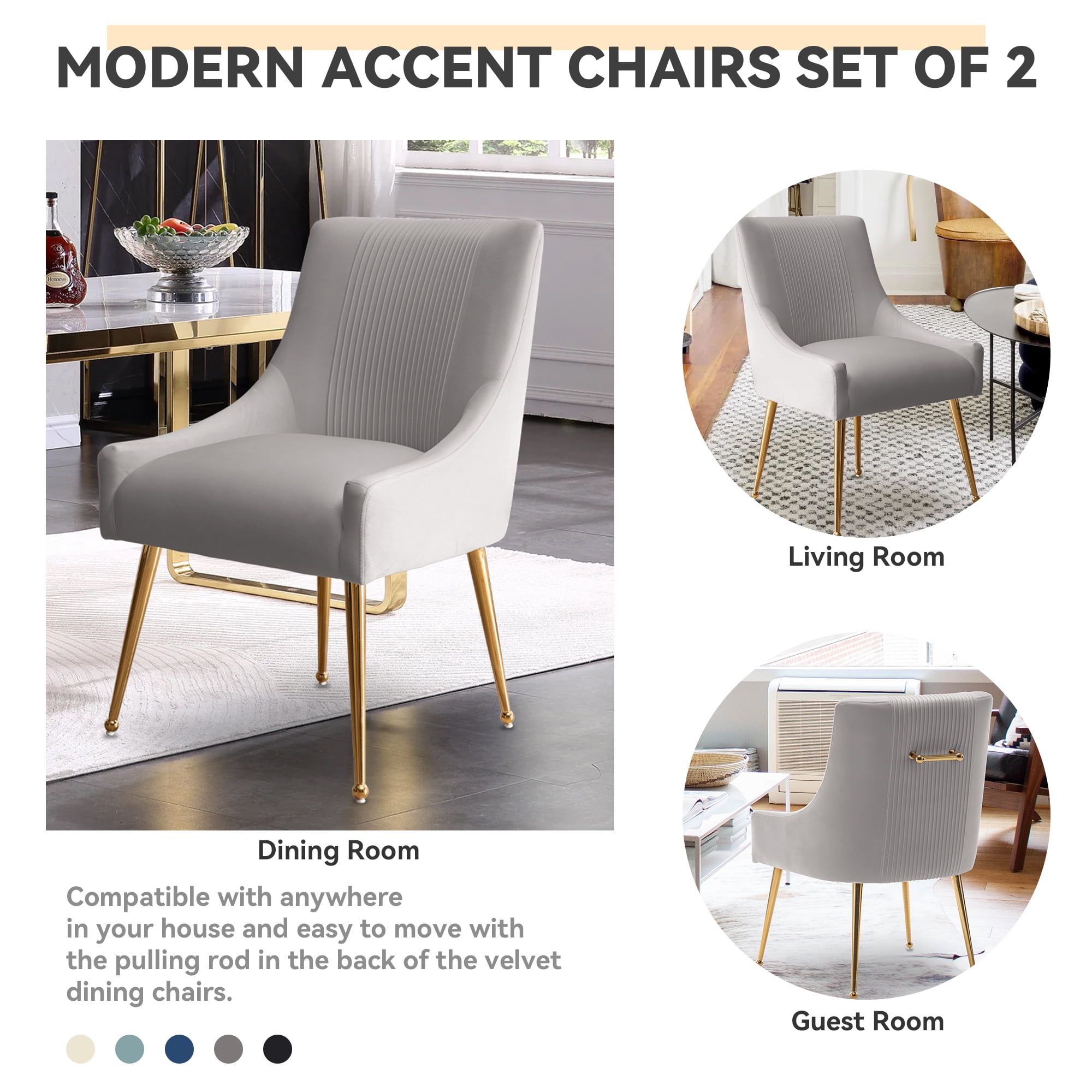SEYNAR Modern Upholstered Pleated Velvet Dining Chairs Set of 2 Side Chair for Living Room,Gray