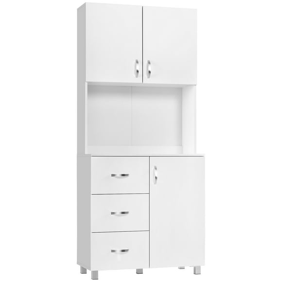 HOMCOM Freestanding Kitchen Pantry Cabinet with Microwave Stand, 3 Drawers and Open Countertop, Adjustable Shelf, White