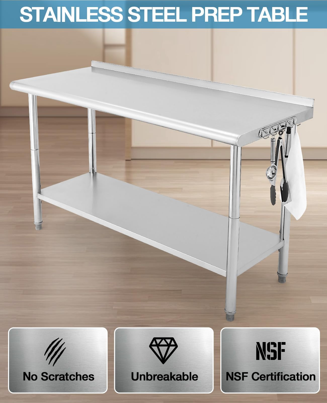 Danolapsi Stainless Steel Table 60" x 24",Kitchen Prep Table,NSF Stainless Steel Metal with Backsplash,Adjustable Undershelf,5 Hooks,Heavy Duty Workbench Workstation Work Table for Restaurant and Home