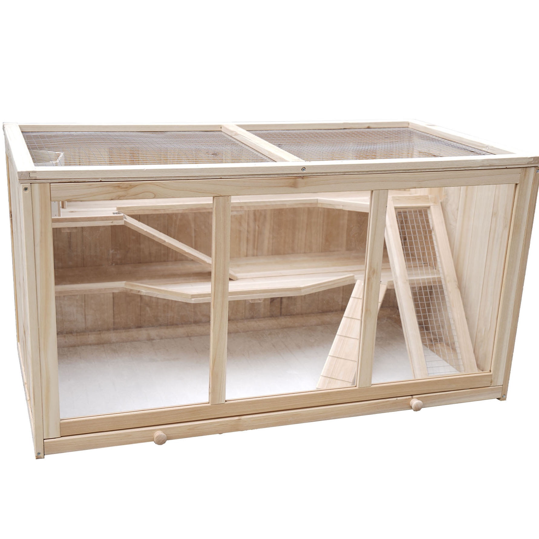 S-HOME Large Multi-Level Wooden Hamster Cage with Acrylic Viewing Windows, Deep Tray, Ventilated Design Home for Small Pets like Hamsters and Guinea Pigs