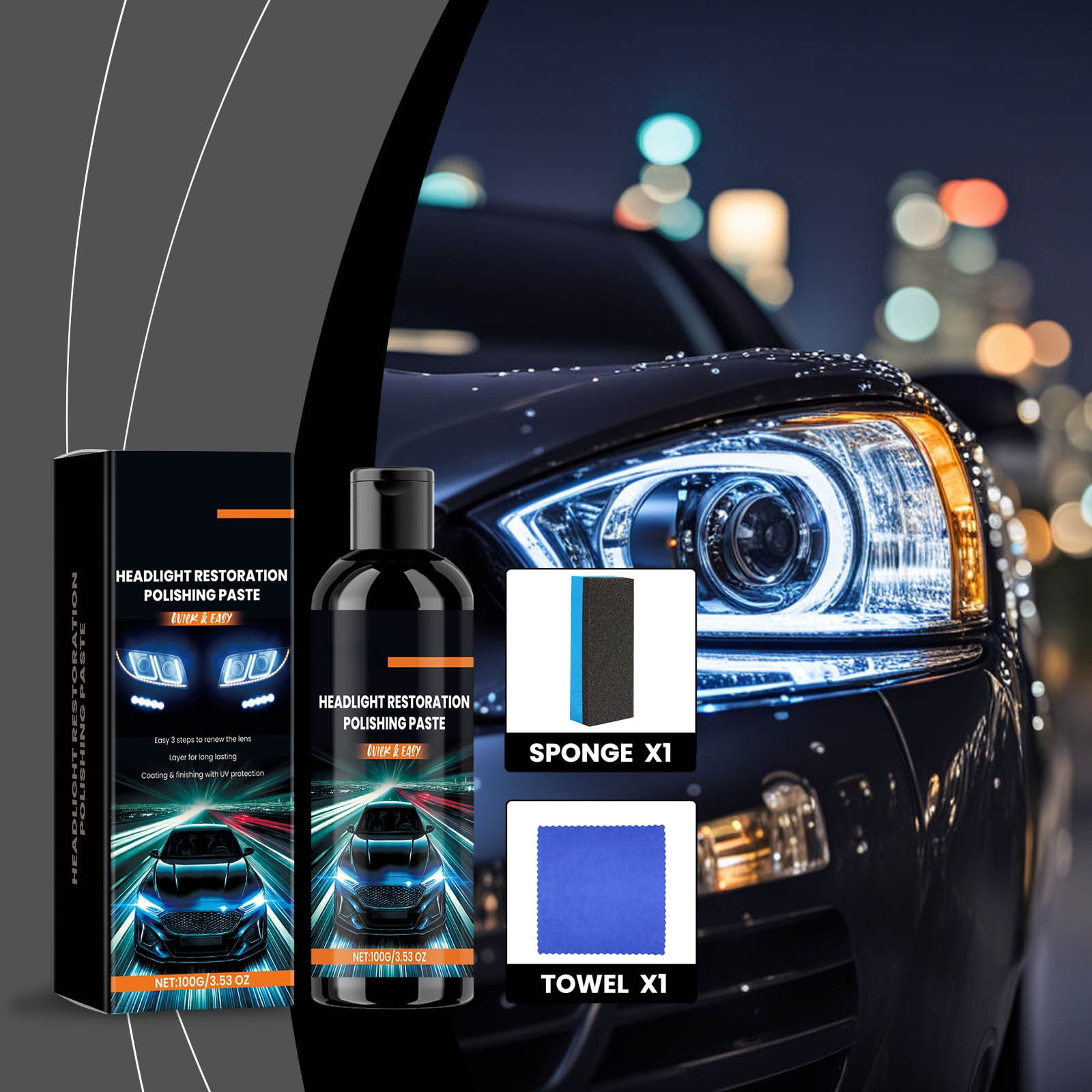Headlight Restoration & Scratch Remover Kit – Automotive Lamp Polishing Paste with Protective Resin, Safe for All Paint Colors, Includes Sponge & Towel multicolor