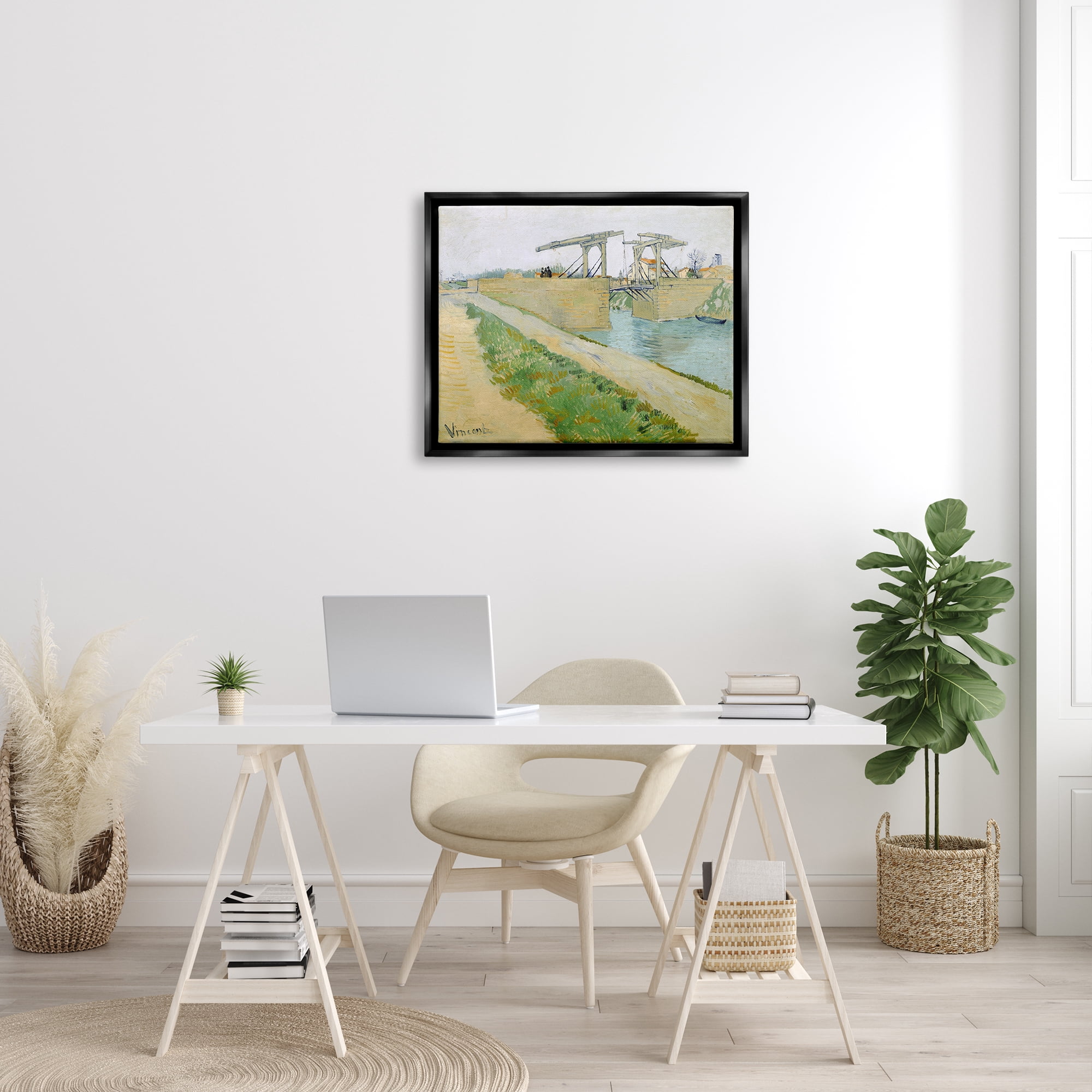 Stupell Industries De Brug Van Langlois Vincent van Gogh Bridge Painting Painting Jet Black Floating Framed Canvas Print Wall Art, Design by one1000paintings