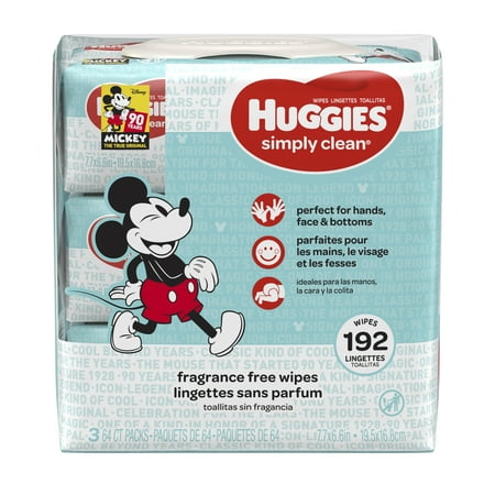Huggies Simply Clean Baby Wipes, Unscented, 3 packs of 64 (192 ct)