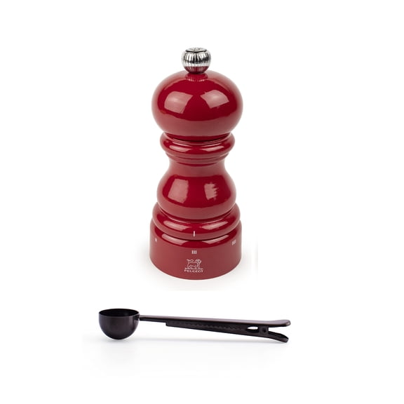 Peugeot Paris u'Select 4.75-inch Pepper Mill Gift Set, Passion Red - With Stainless Steel Spice Scoop/Bag Clip