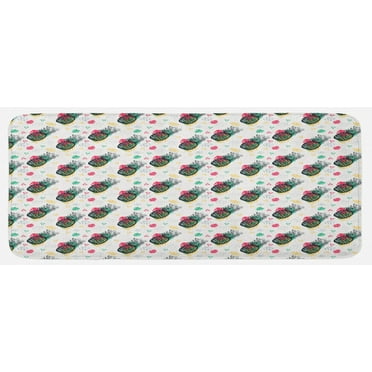 Pineapple Kitchen Mat, Hand Drawn Sketch Fruits with Colorful Triangles and Foliage Leaves Background, Plush Decorative Kitchen Mat with Non Slip Backing, 47" X 19", Multicolor, by Ambesonne
