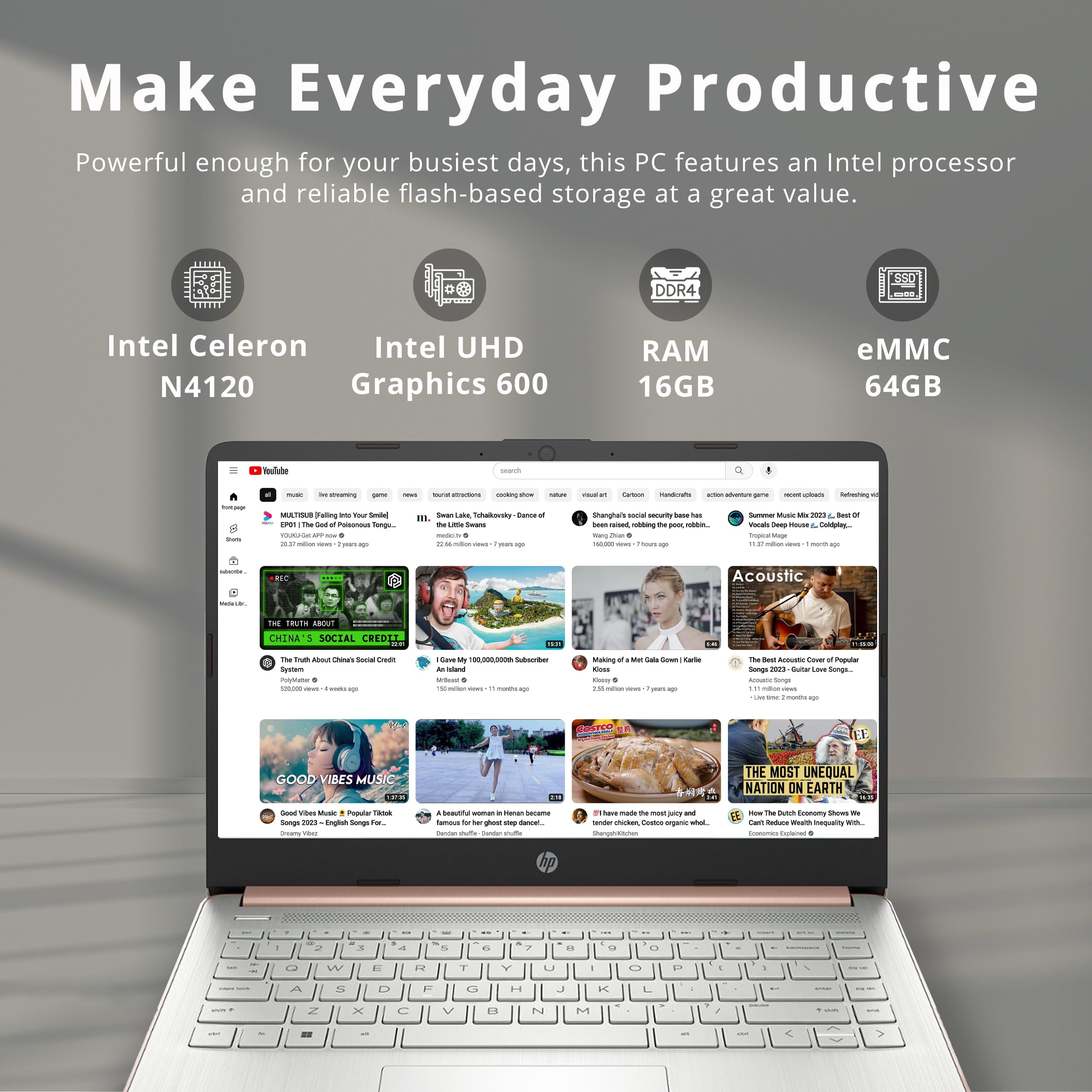 HP Premium Stream 14" HD BrightView Laptop, Intel Celeron N4120, 16GB RAM, 64GB eMMC Storage, HD Webcam, UHD Graphics, 1 Year Office 365, Bluetooth, WiFi, HDMI, Win 11s, Gold, 32GB Hotface USB Card