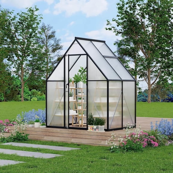 Eastvita 6x4 ft Polycarbonate Walk-In Greenhouse with Aluminum Frame Clear Pop-Up Design Green Color Black Accents