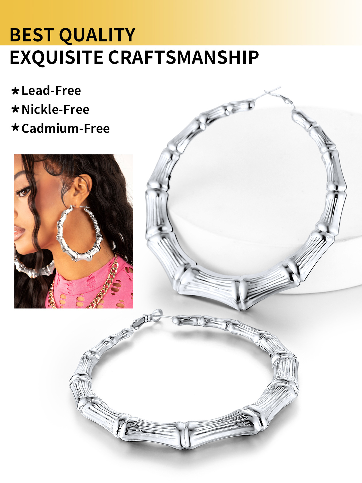 ChainsHouse Bamboo Hoop Earrings for Women Silver Hypoallergenic Chunky Earring Stainless Steel Birthday Christmas Anniversary Jewelry Gift