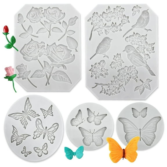 5 pack Butterfly Rose Flower Stems Birds Blossoms Silicone Fondant Mold, for Making Chocolate Fondant Jelly Polymer Clay Soap Crafting DIY Projects and Cake Decoration