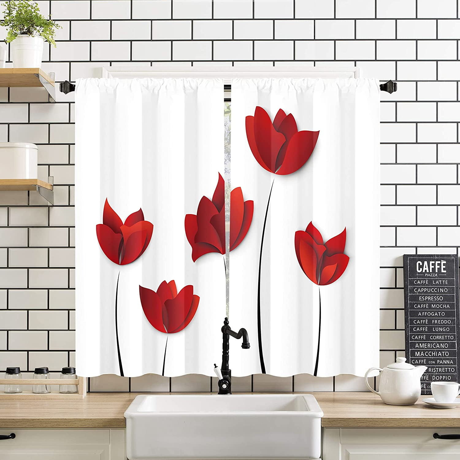 Alishomtll Red Flower Kitchen Curtains Rod Pocket Window Drapery ,2 Panels ,36 inches long