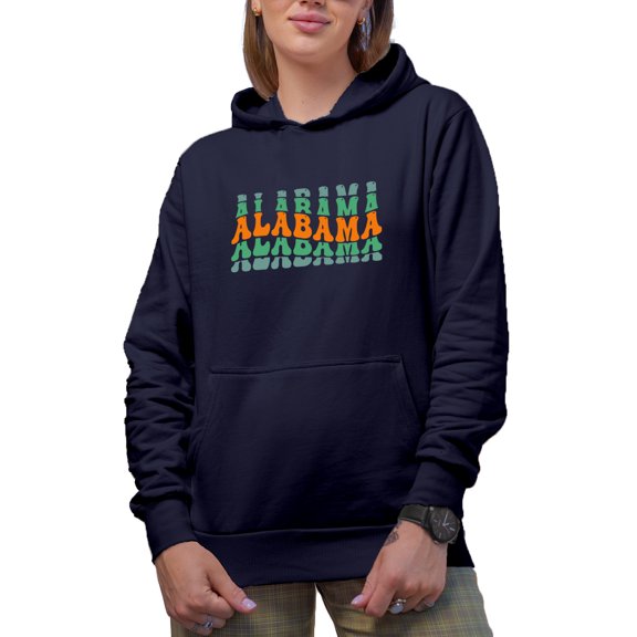 Alabama, Southeastern US or USA State, Groovy Retro Wavy Text Merch Gift, Navy Blue Hooded Sweatshirt or Hoodie, Medium