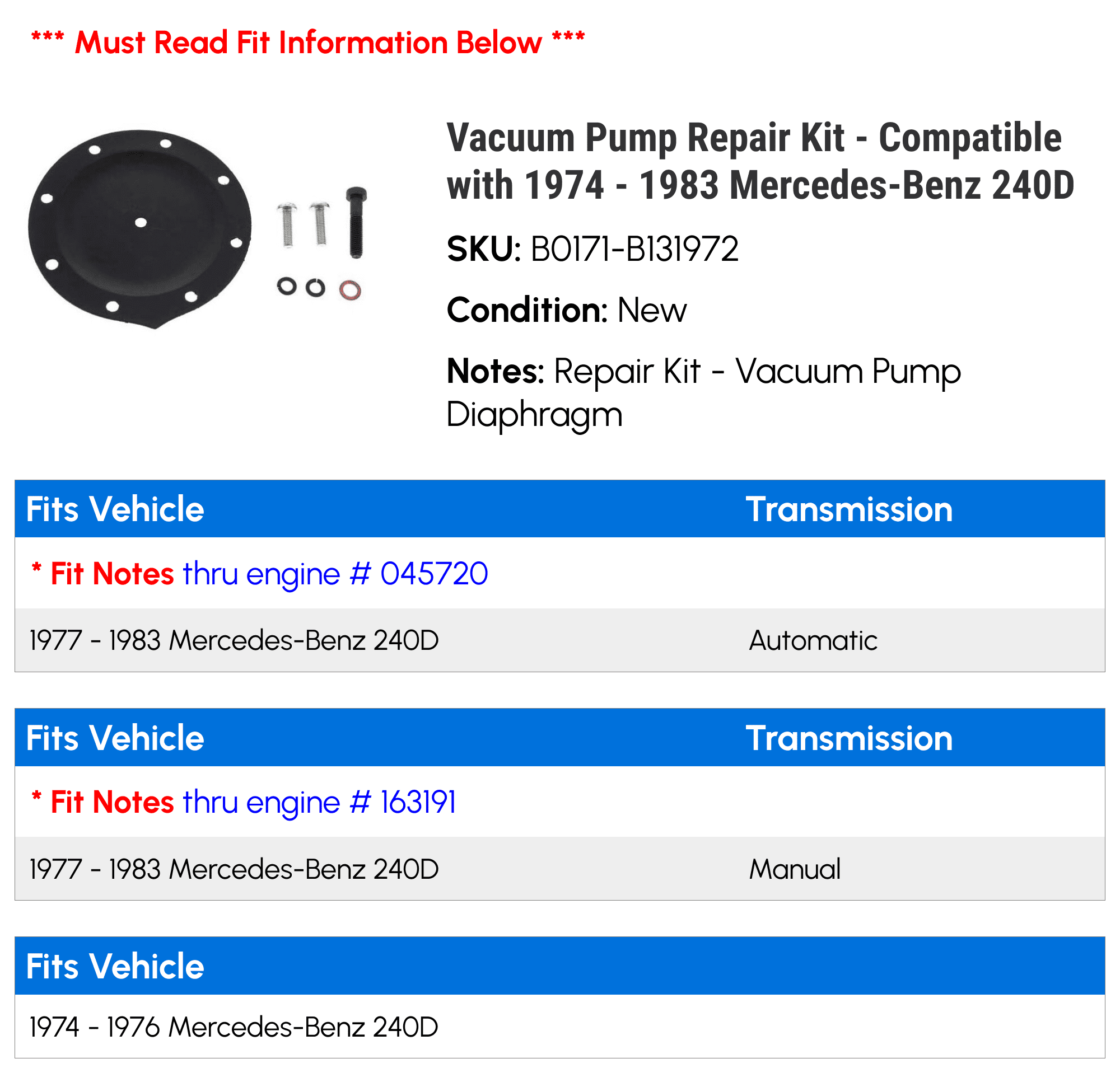 Vacuum Pump Repair Kit - Compatible with 1974 - 1983 Mercedes-Benz 240D 1975 1976 1977 1978 1979 1980 1981 1982
