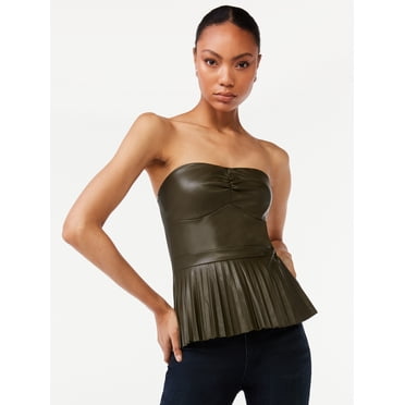 Scoop Women's Strapless Faux Leather Pleated Top
