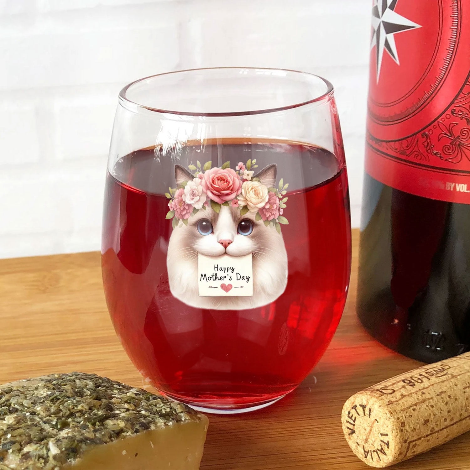 Happy Mother's Day Ragdoll with Flower Crown and Greeting Card 15oz Stemless Wine Glass Mug Cat Lover Kitten Owner Gifts Idea Wine Glasses Cup - 13004