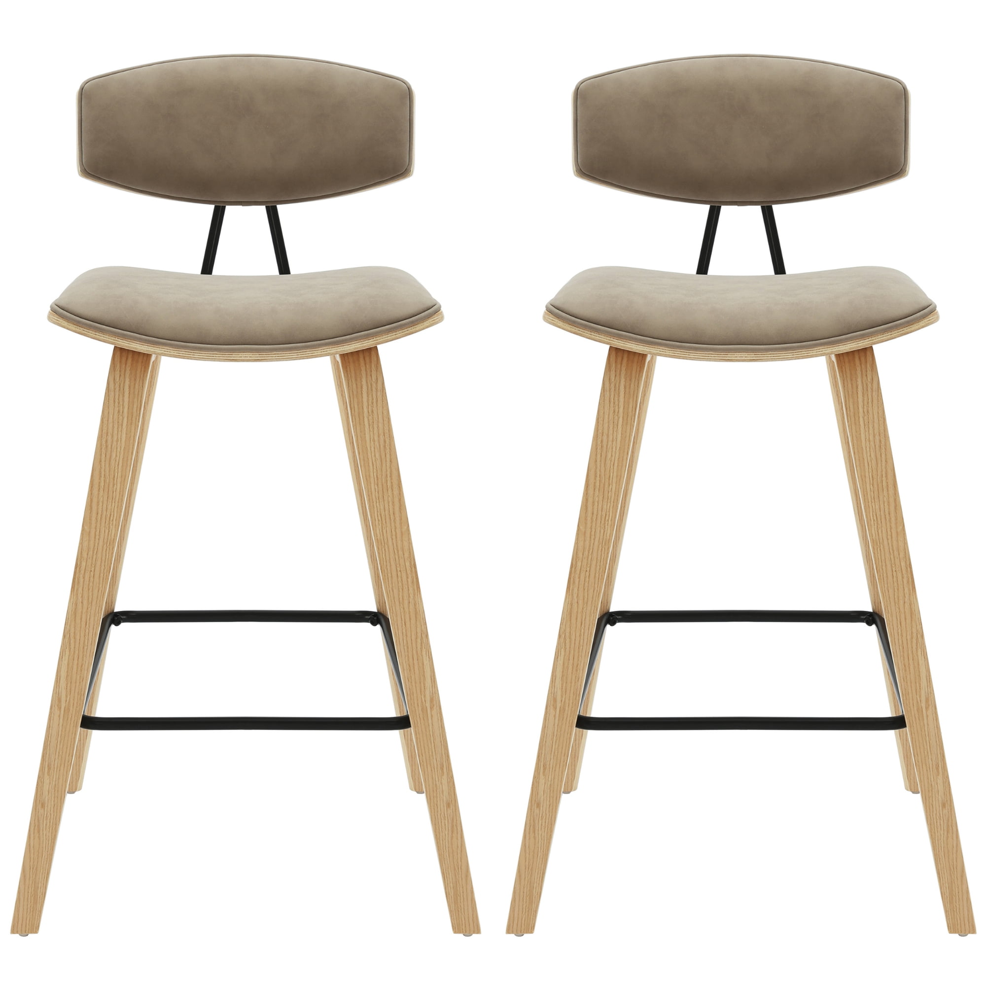 Fox 36 in. H Counter Height Vintage Taupe Curved Back Wood Bar Stool with Faux Leather Seat Set of 2