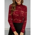 thumbnail image 5 of Womens Mesh Top Long Sleeve Mock Neck Sheer Blouse See Through Floral Lace Tops Wine Red XXL, 5 of 7