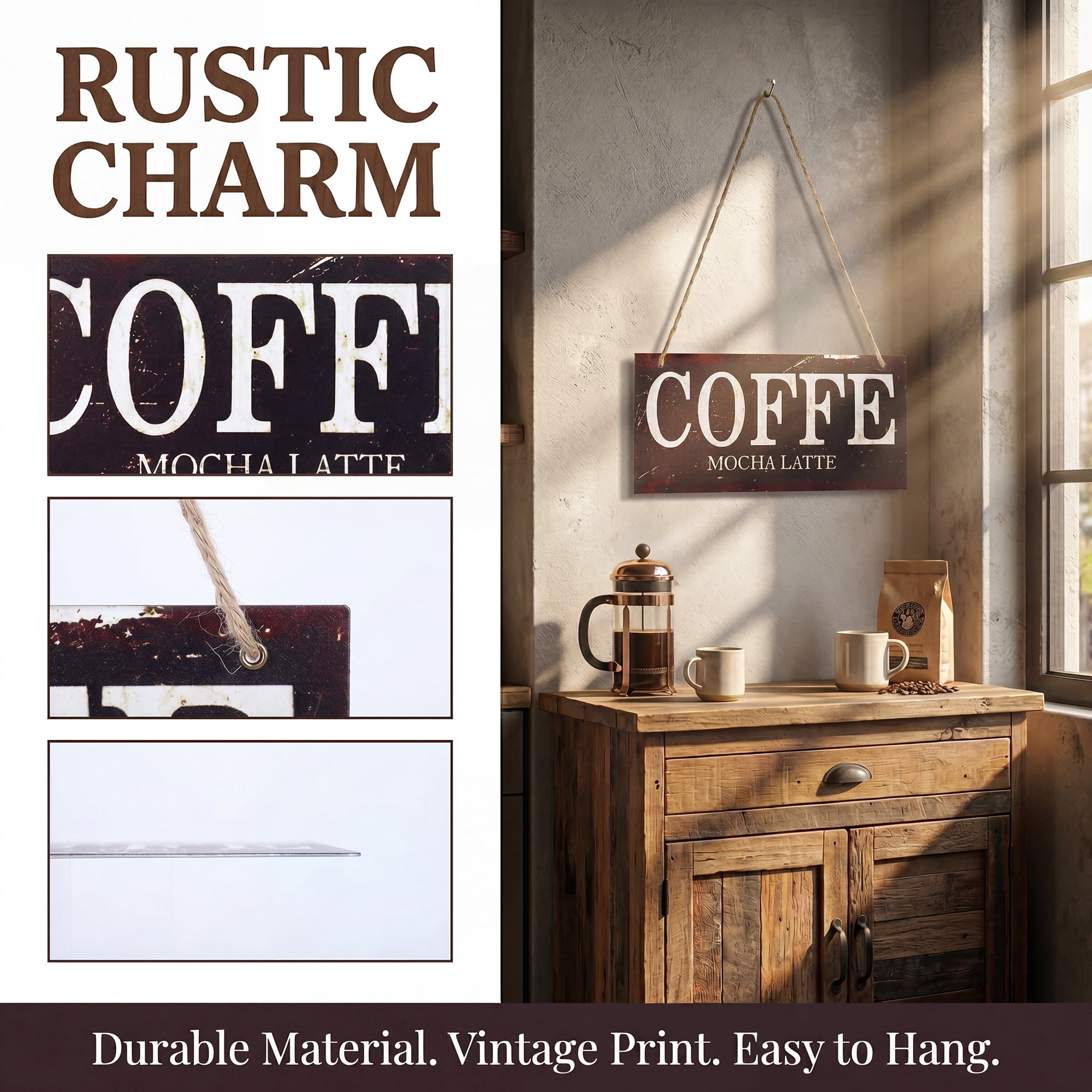 Unique Bargains Coffee Bar Sign Station Decor Rustic Wood Hanging Plaque Style K 3.9in