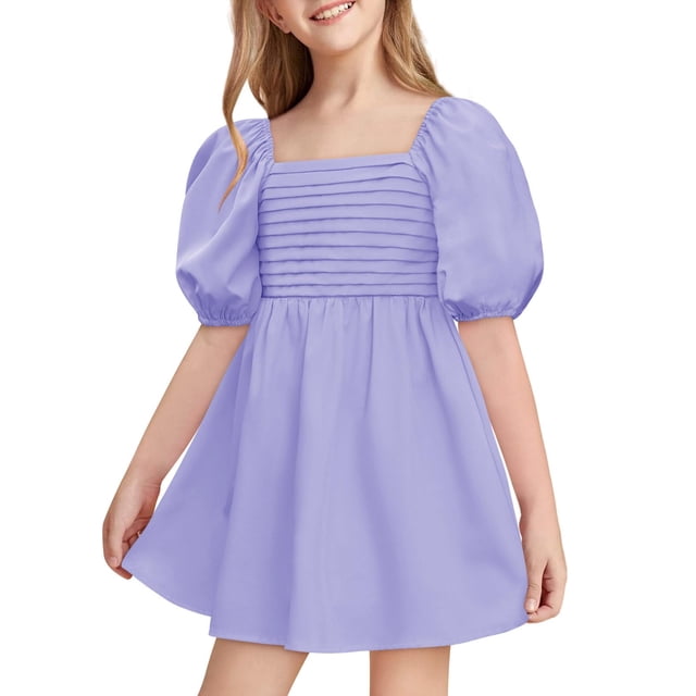 Vestido de verano Haloumoning para niñas, cuello cuadrado, color morado de 5 a 14 años