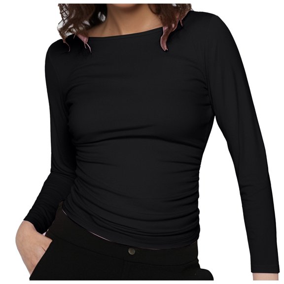 Plus Size Women's Boat Neck Long Sleeve Tee Shirt Casual Fitted Basic Top Solid Color Fall Fashion Comfortable Blouse