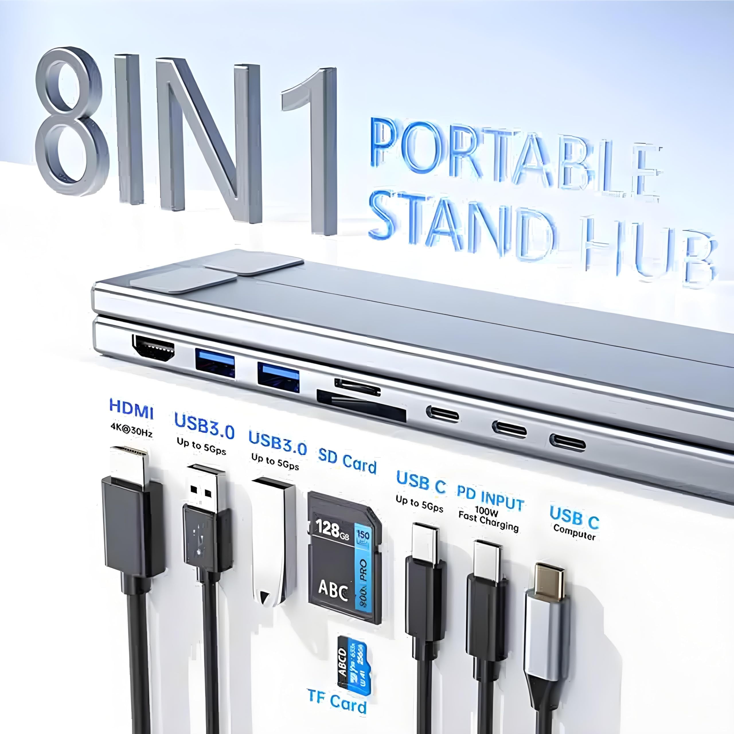 8-in-1 USB-C Laptop Stand with Docking Station,Portable Aluminum Laptop Stand for Desk with 4K HDMI,USB 3.0,USB-C Ports,SD Card Slot,Adjustable Height