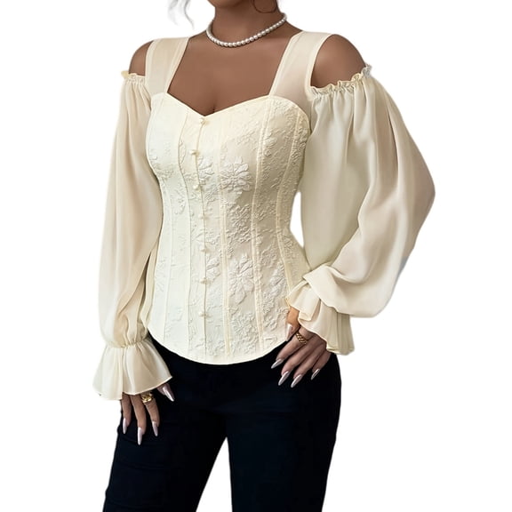 Women'S Long Sleeve Renaissance Corset Tops, Overbust Bustier Lace Top with Belt for Going Out Color XL