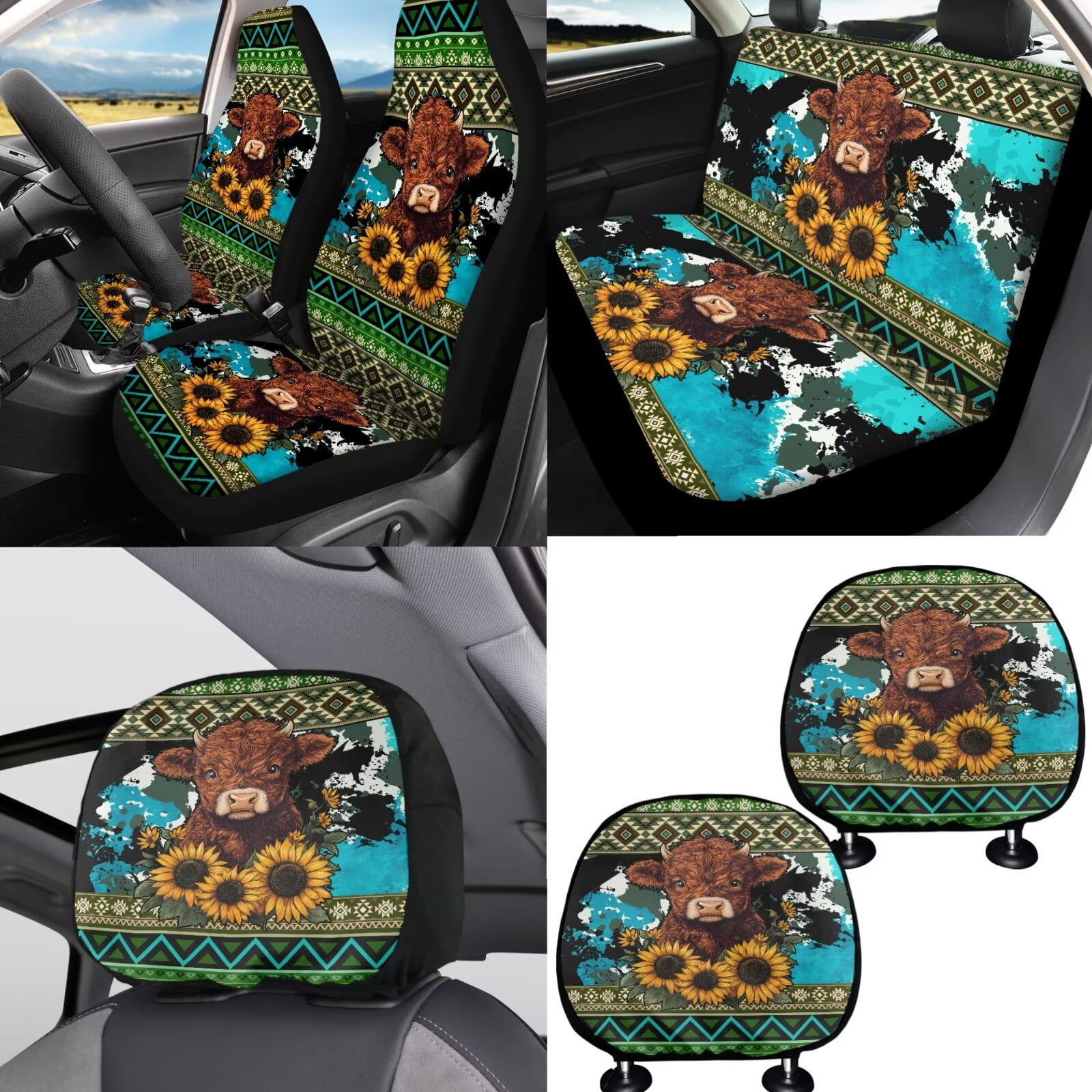 FKELYI 16 Pcs Auto Interior Set Car Seat Covers with Steering Cover Seat Belt Pads American Tribal Sunflower Highland Cow Print Armrest Pad Coasters Handbrake Covers Gear Shift Knob Sleeve