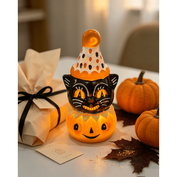 XWYUO Halloween Decorations, 3.94'' Black Cat Pumpkin Decor with Warm Light‑Up Pumpkin Bas for Home Party Ornament